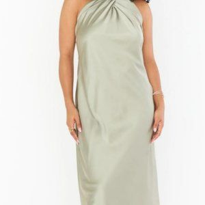 SHOW ME YOUR MUMU Jasmine Halter Midi Dress In Moss Green Luxe Satin